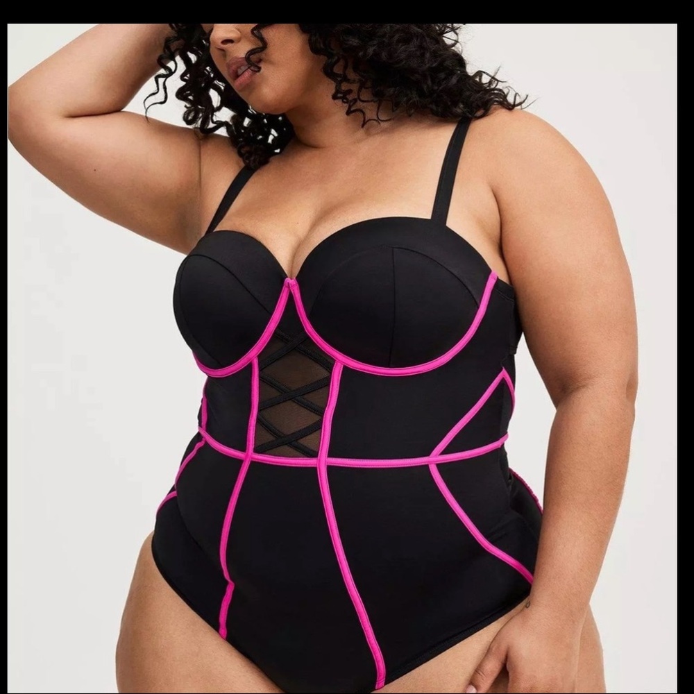 torrid Black One-Piece Swimsuit with Pink Contrast Piping